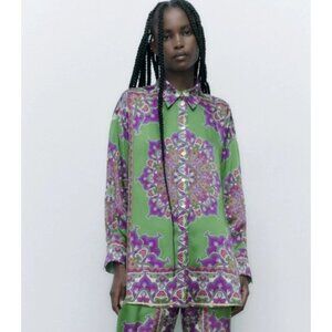 ZARA Green Floral Printed Long Button‎ Shirt Blouse MEDIUM 8745/279 Slit Paisley
